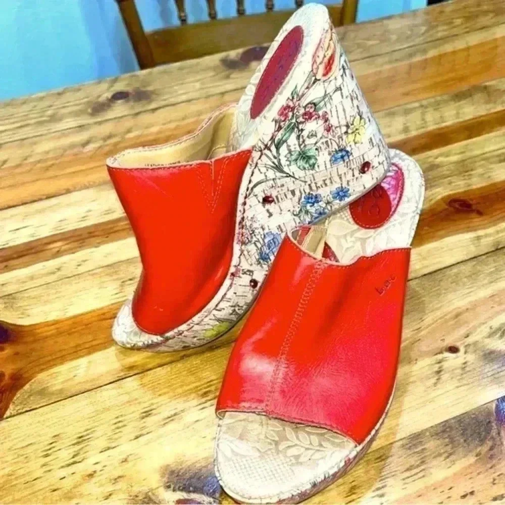 B.O.C RED LEATHER WITH FLOWER CORK WEDGE SLIP ON SANDALS Y2K